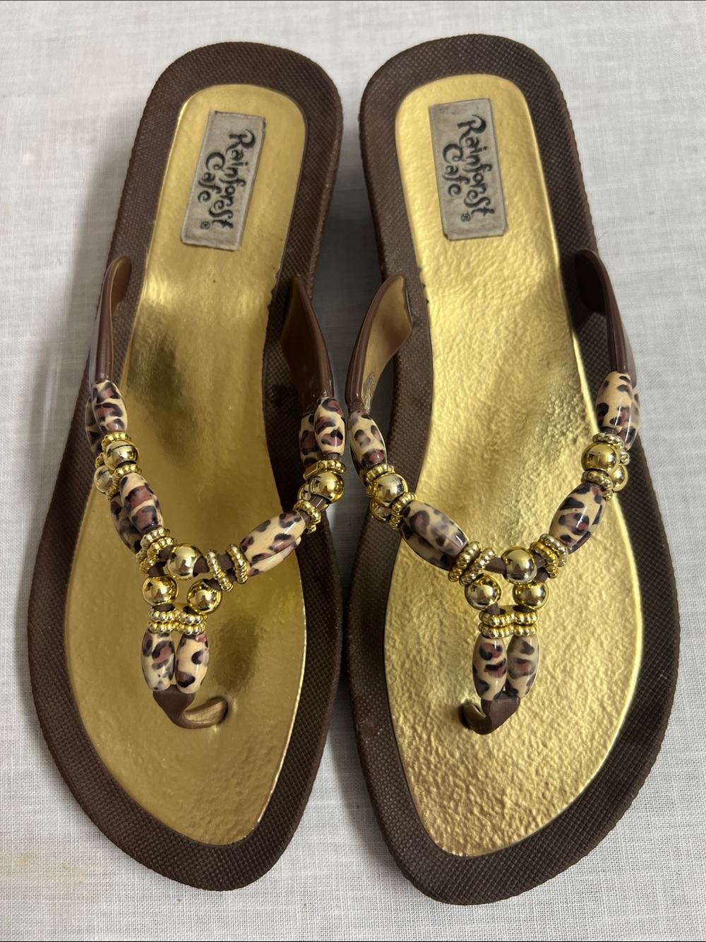 🌞 Ranforest Cafe vintage tribal Gold & Brown Beaded flip flop Sandals women 8